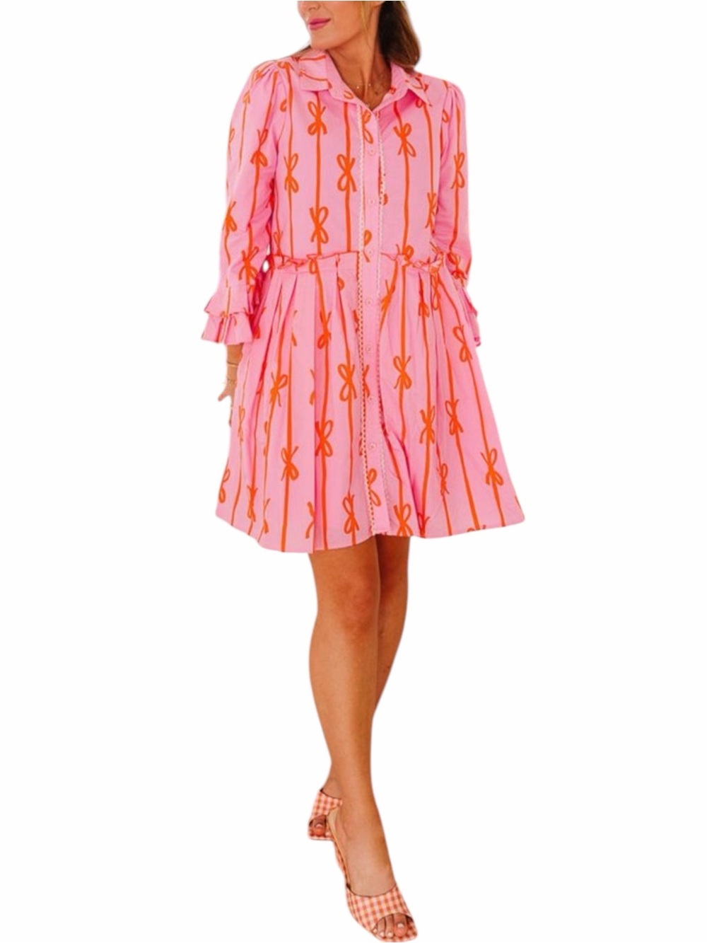 Ivy City Co Bowie Dress XL Pink Orange Bow Print Ruffle Sleeve Tiered Mini
